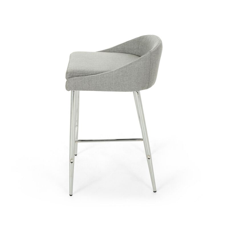 Yoko Counter Stool Chair, Curved Back, Chrome Iron Legs, Gray Fabric - Benzara