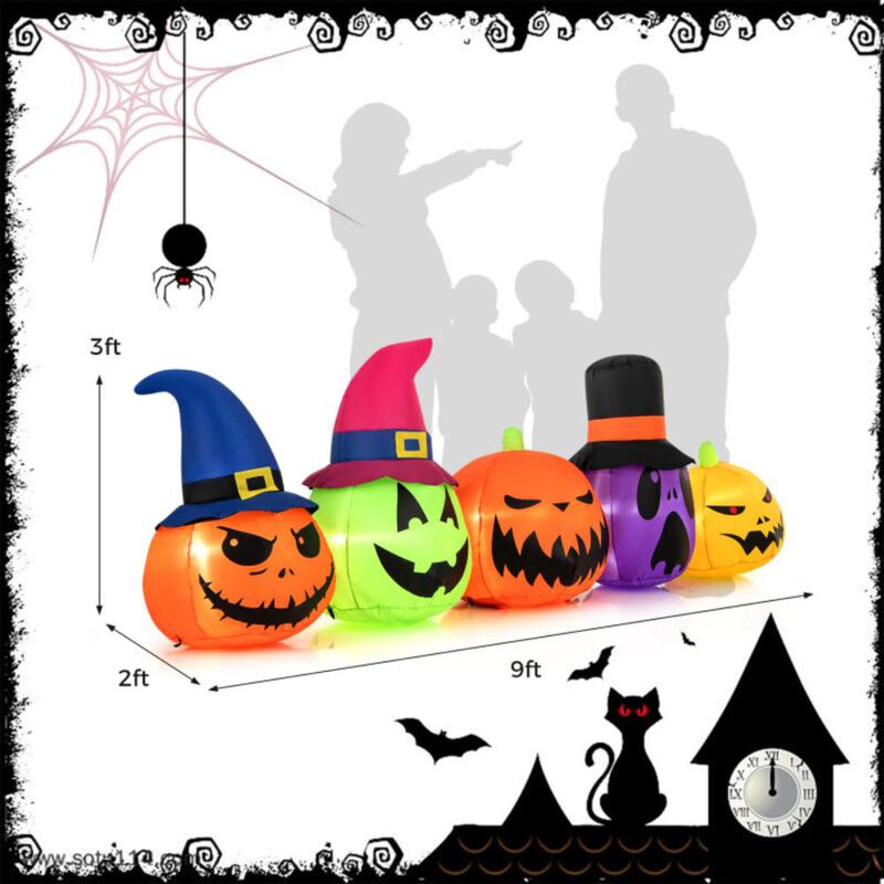 Hivvago 9 Feet Inflatable Pumpkin Patch Family with Built-in LED Lights and Witch Hats