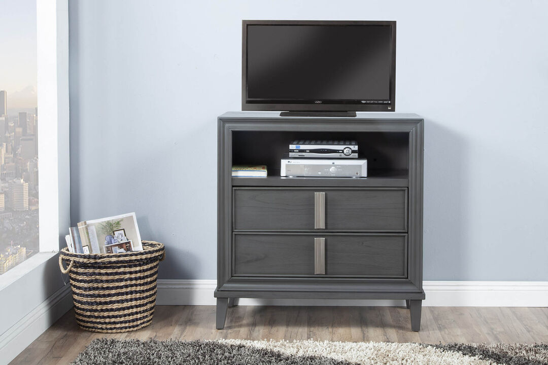Transitional Style Wooden Media Chest With Two Drawers and One Open Shelf, Gray-Benzara