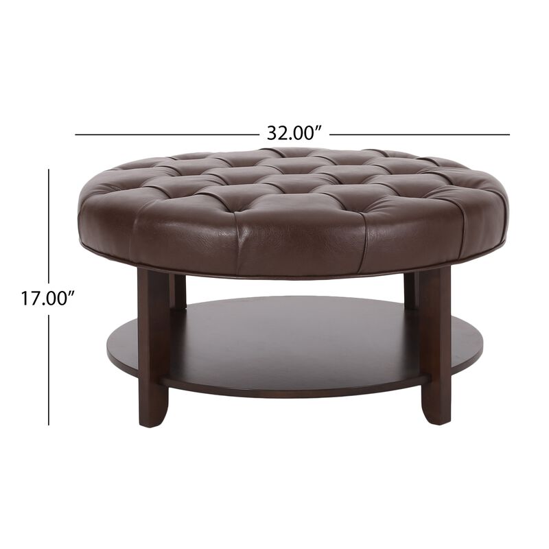Kiam Ottoman, Shelf, Tufted Dark Brown Faux Leather, Wood 32 Inch - Benzara