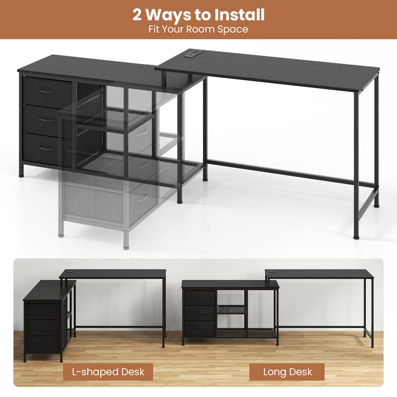 L-shaped Computer Desk with Power Outlet for Working Studying Gaming