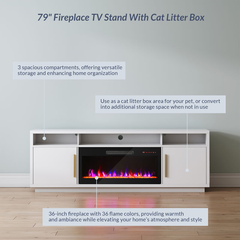 BELLEZE 79" Fireplace TV Stand for TVs Up to 85" With Cat Litter Box, LED Light Entertainment Center with Storage and 36" Electric Fireplace Heater, Large Media Console Table for Living Room, White