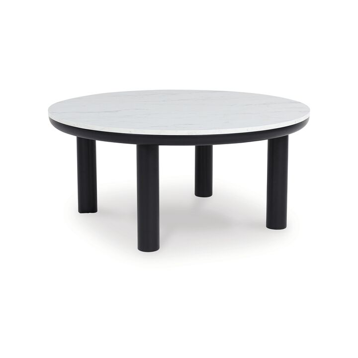 Dae 3pc Coffee and End Table Set, Round White Faux Marble, Black - Benzara