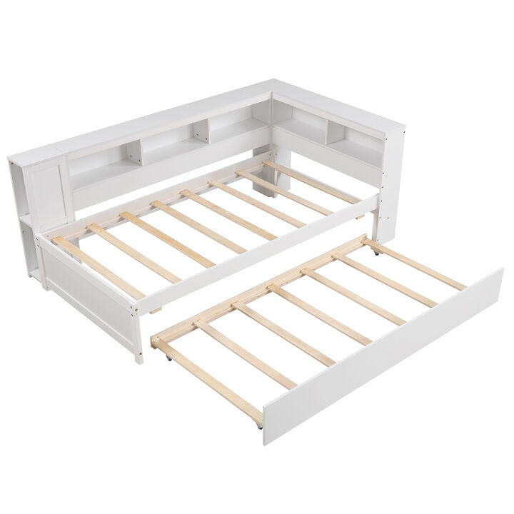 Daybed Platform Bed Frame with Trundle and Bedside Shelves for Space-Saving and Convenient Storage