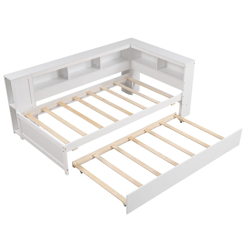 Daybed Platform Bed Frame with Trundle and Bedside Shelves for Space-Saving and Convenient Storage