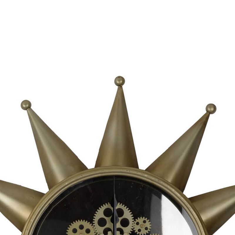 28 Inch Hanging Wall Clock, Sunlike Star Gear Design, Iron, Gold and Black - Benzara