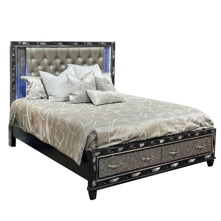 Bet King Bed, Storage Drawers, Silver Faux Leather Upholstery, LED, Black - Benzara
