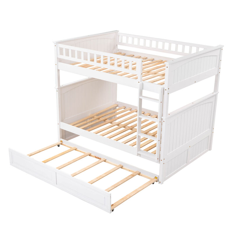 Full Over Full Bunk Bed With Twin Size Trundle, Pine Wood Bunk Bed With Guardrails, Gold