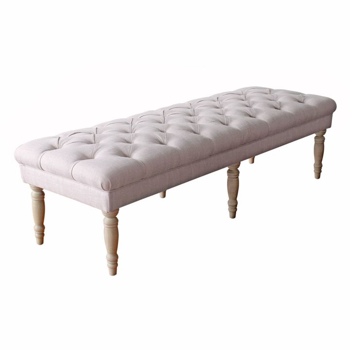 Wooden Bench with Button Tufted Fabric Upholstered Seat and Turned Legs, Cream - Benzara