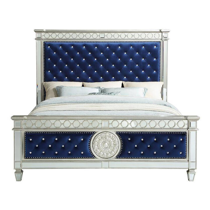 Queen Bed with Button Tufting and Mirror Trim, Black - Benzara