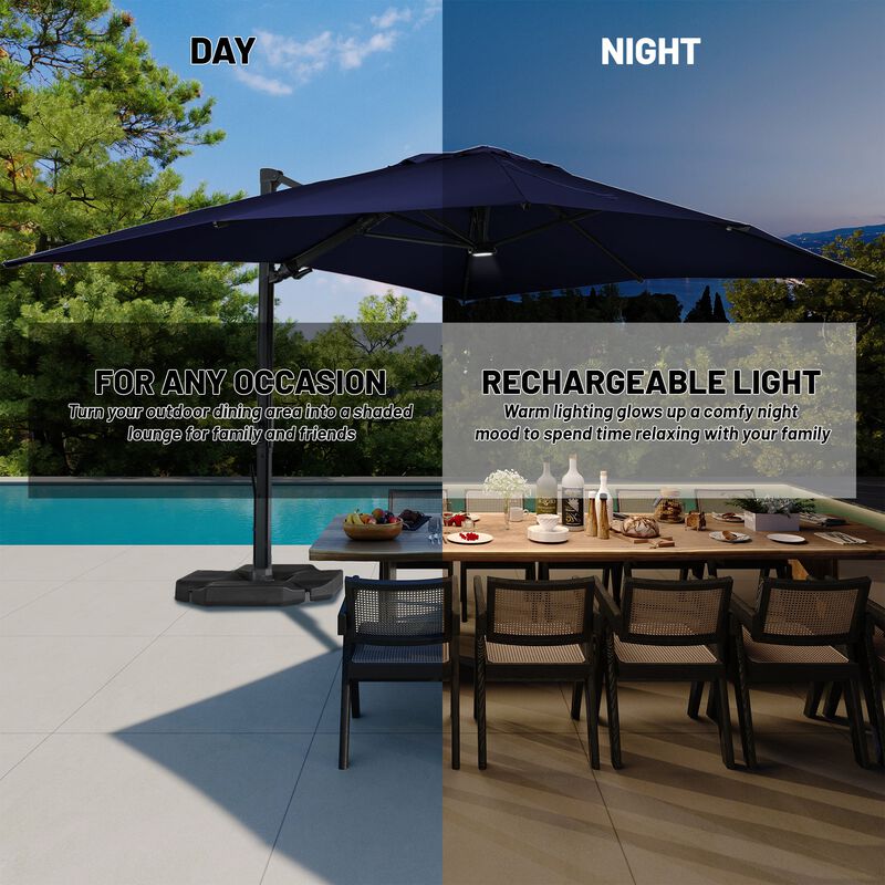 10x13 ft. 360° Rotation Cantilever Patio Umbrella with BaseandBT in Navy Blue