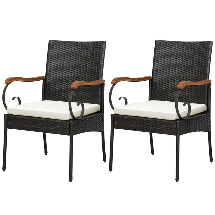 Set of 2 Outdoor PE Wicker Chair with Acacia Wood Armrests