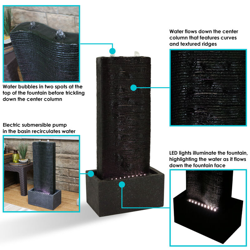 Sunnydaze Rippling Tower Outdoor Water Fountain with LED Lights - 31 in