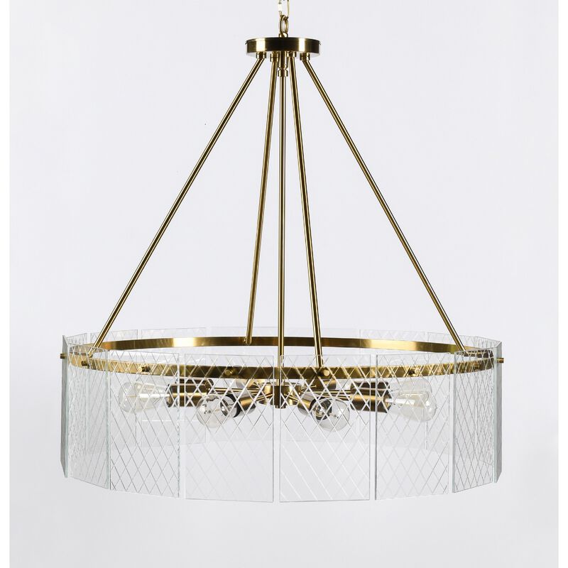 32 Inch Round 8 Light Chandelier, Diamond Lattice, Gold Iron, Clear Glass-Benzara