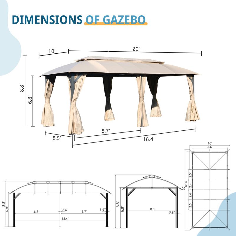 Mondawe 10x20Ft Outdoor Tent Double Roofs Gazebo,With Mosquito Netting,Privacy Curtains And Hooks