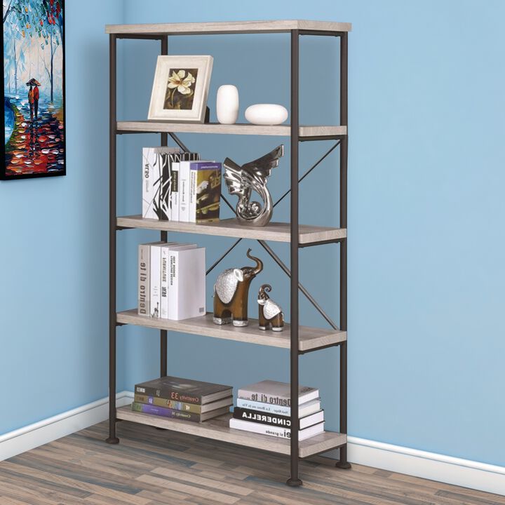 Sophisticated Wood and Metal Open Bookcase, Gray-Benzara