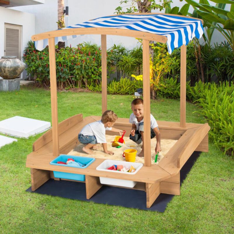 Hivvago Kids Wooden Sandbox with Striped Canopy