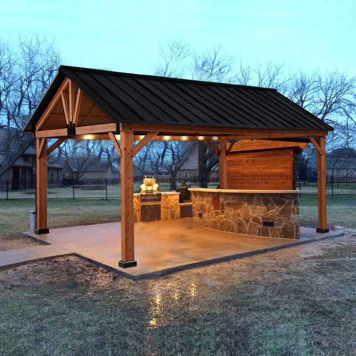 Natural/Black Garden Pavilion: 11'x13' Hardtop Gazebo with Wooden Frame