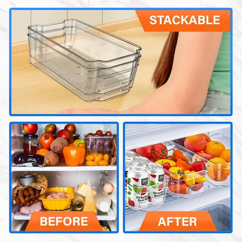 Multi-purpose Refrigerator Bins - 14 pieces Usable and Stackable Design Fridge Bin Organizer with Easy Grip Handles - Clear