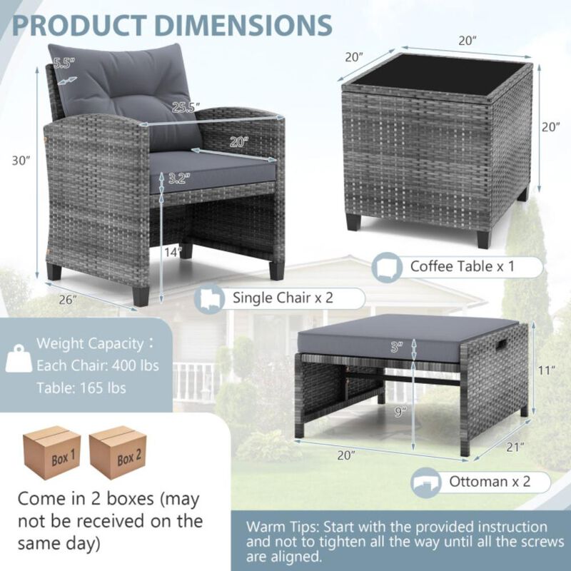 Hivvago 5 Piece Patio Rattan Furniture with 2 Ottomans and Tempered Glass Coffee Table