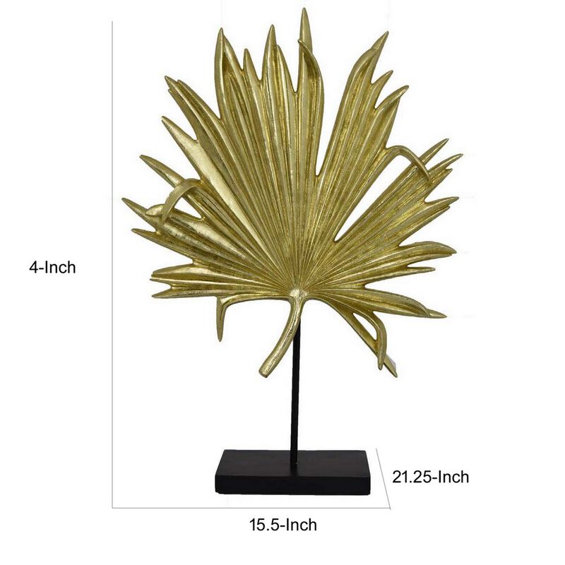 Menny 21 Inch Palm Leaf Resin Decorative Sculpture, Resin Gold Finish - Benzara
