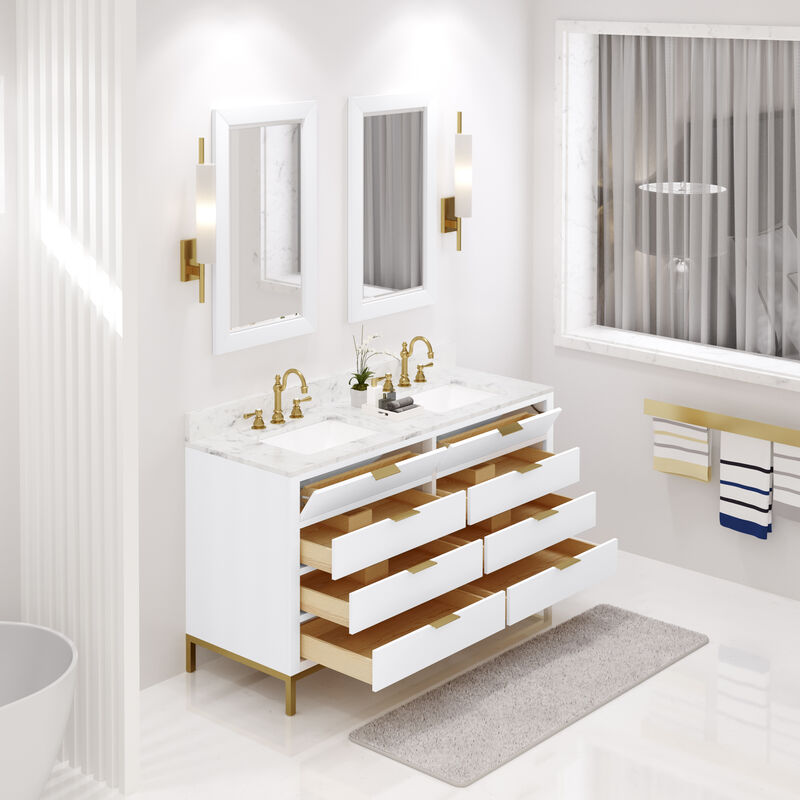 Bristol 60 In. Double Sink Carrara White Marble Countertop Bath Vanity in Pure White
