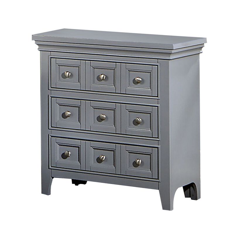 Cile 26 Inch Nightstand, 3 Panel Drawers, Gray Wood, Round Nickel Handles-Benzara