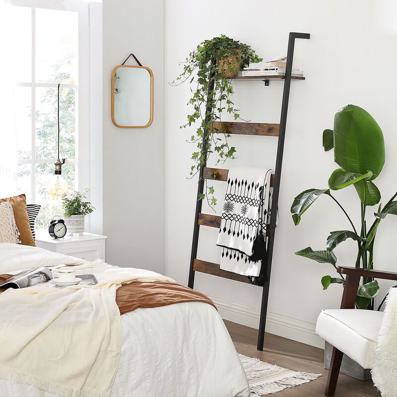 Rustic Brown and Black Blanket Ladder Shelf - Wall-Leaning Steel Frame Towel Rack with Storage Shelf