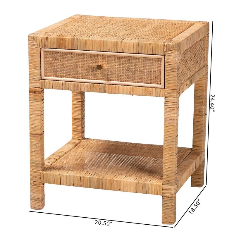 Bali & Pari Bohemian Natural Rattan And Mahogany Wood 1-Drawer Nightstand