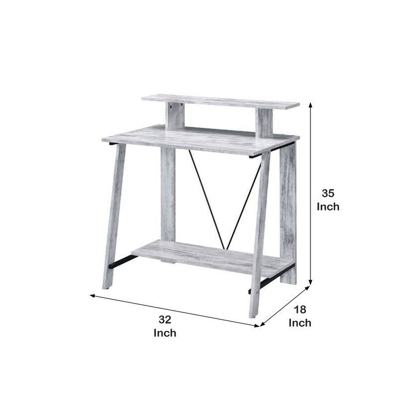 Writing Desk with V Shaped Frame, Antique White and Black-Benzara
