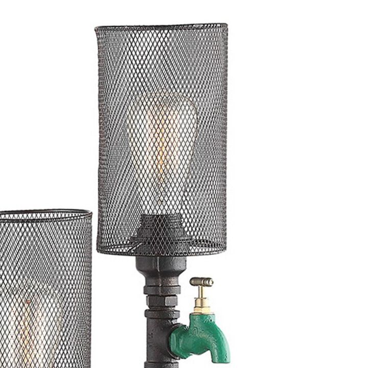34 Inch Table Lamp, Drum Mesh Shade, Metal Base, Rustic Bronze Finish-Benzara