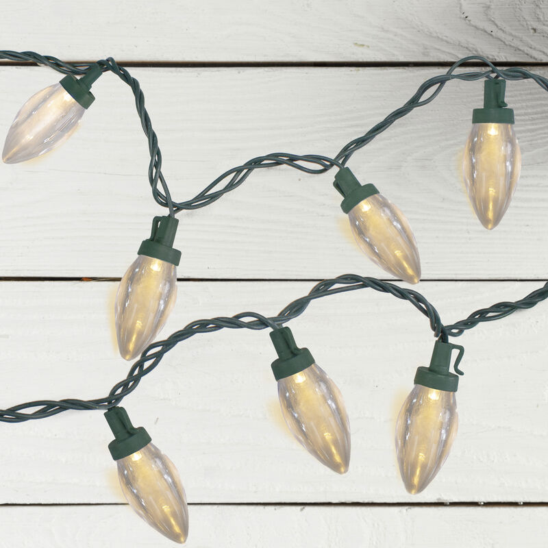 25 Warm White LED C9 Christmas Lights - 16 ft Green Wire