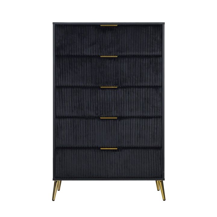 Benjara, Black, Gold Moko 51 Inch Tall Dresser, 5 Soft Upholstered Drawers