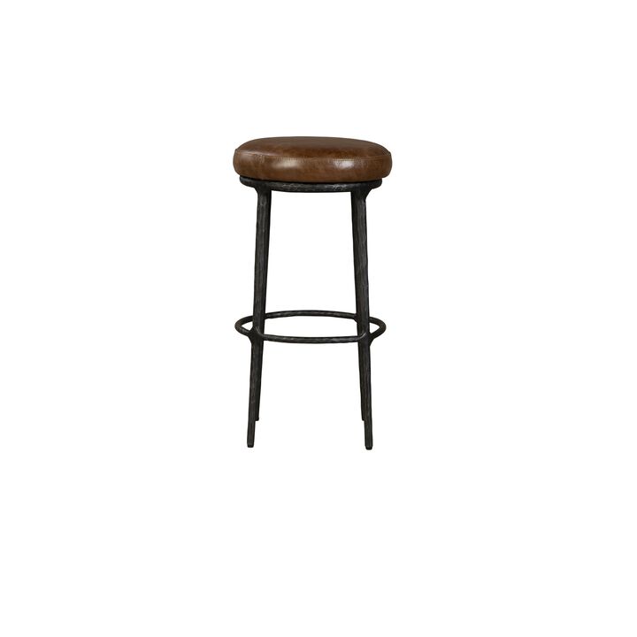 Mey Counter Stool, Brown Leather Round Seat, Black Forged Iron Base - Benzara