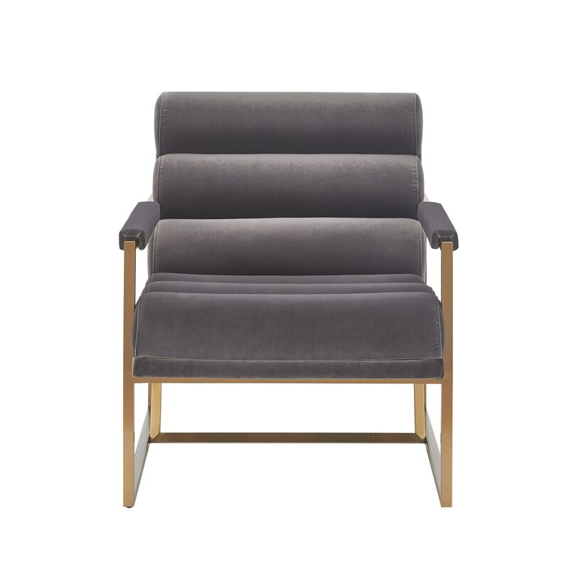 Cid Dave 27 Inch Accent Chair, Tufted Gray Velvet, Square Steel Legs, Brass - Benzara
