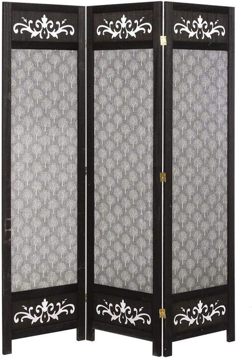 Solid Wood and Canvas with Decorative Cutouts and Tree Design 3 Panel Room Divider, 67" Tall, Black Color