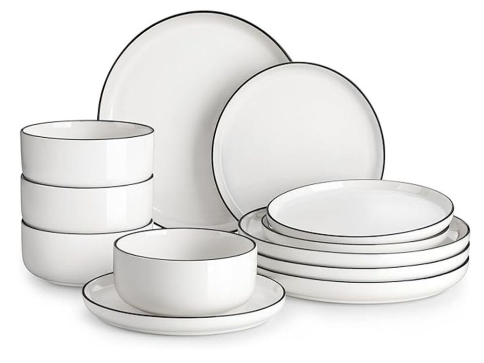 12PCS Porcelain Dinnerware Set for 4, White with Black Rim, Microwave & Dishwasher Safe