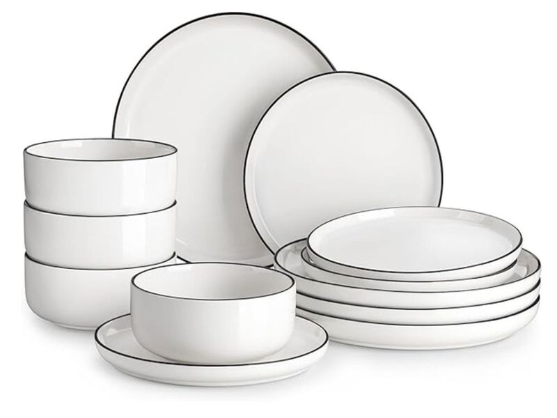 12PCS Porcelain Dinnerware Set for 4, White with Black Rim, Microwave & Dishwasher Safe