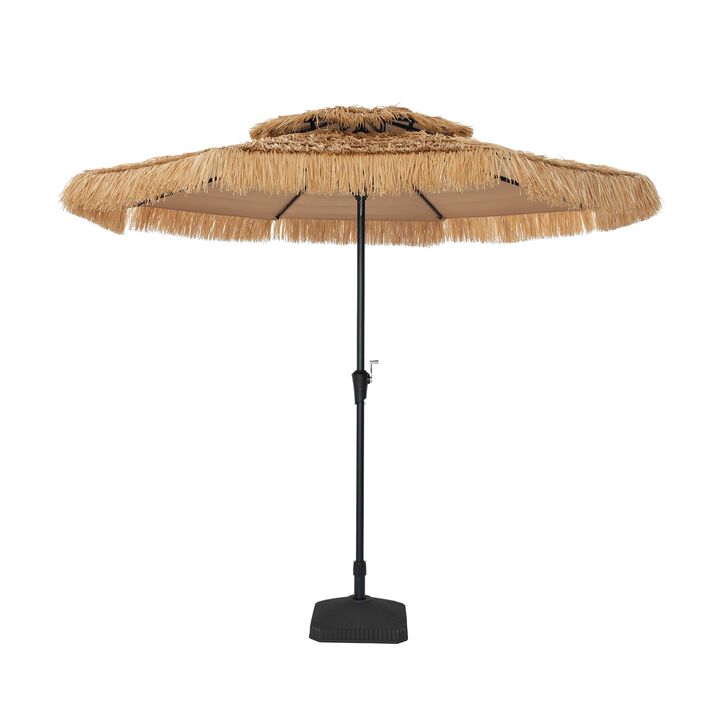Mondawe 9 ft Hawaiian Style Crank Design 2 Tier Straw Patio Umbrella Shade with Square Based