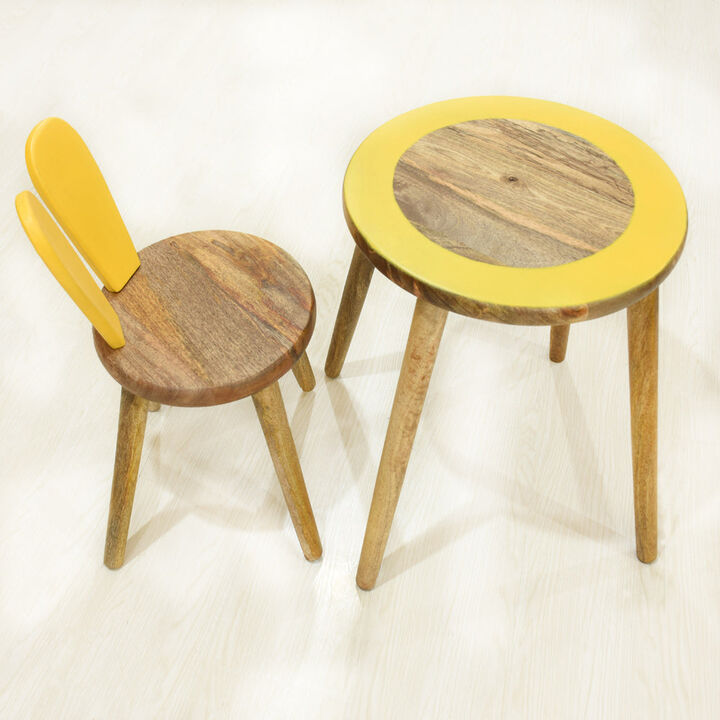 Handmade 100% Mango Wood Kids Yellow Color Round Shaped Rabbit Theme Indoor Table & Chair Handmade 100% Mango Wood Kids Yellow Color Round Shaped Rabbit Theme Indoor Table & Chair