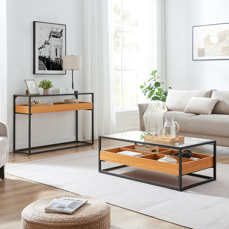 Saarinen Two-Level Modern Sunken Glass Display Shelf Rectangle Console Table