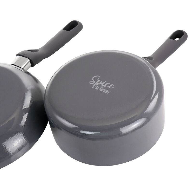 Spice by Tia Mowry Savory Saffron 7 Piece Ceramic Nonstick Aluminum Cookware Set with Nylon Utensils in Grey