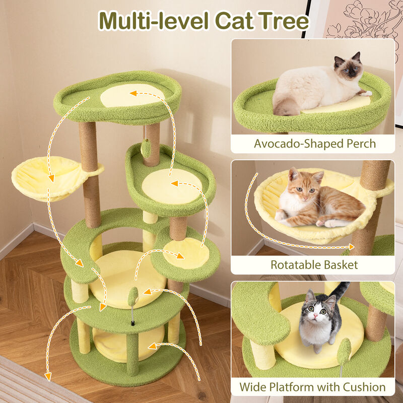 Multi-level Cat Tree Avocado Theme Cat Tower with Wide Perch Rotatable Basket