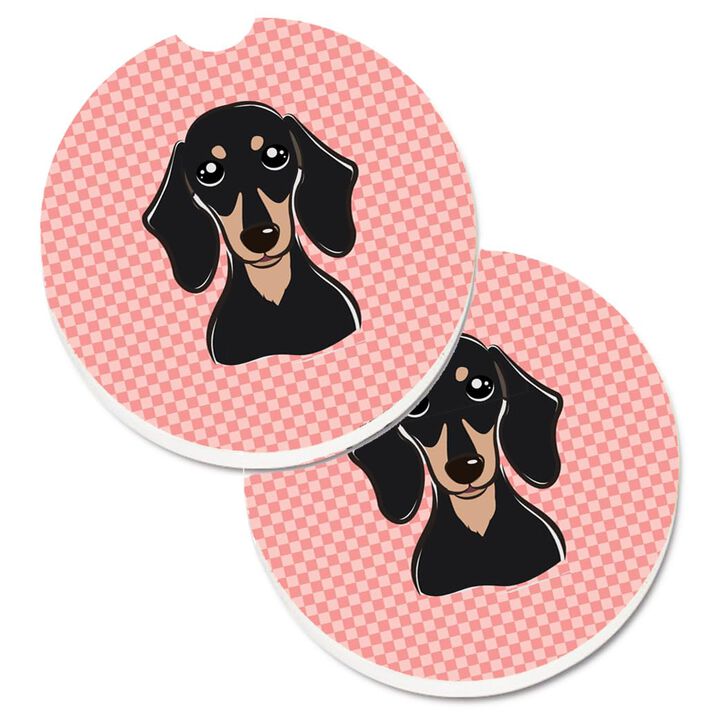 Caroline's Treasures Checkerboard Pink Smooth black & Tan Dachshund Set of 2 Cup Holder Car Coasters BB1215CARC, 2.56, Multicolor