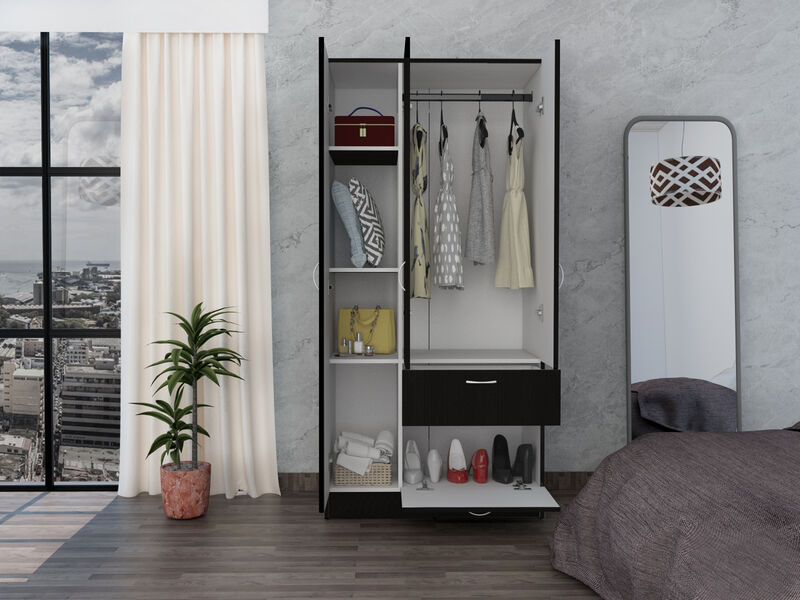 DEPOT E-SHOP Cartagena Armoire, One Drawer, Metal Rod, Five Shelves, Double Door Cabinet, Black / White