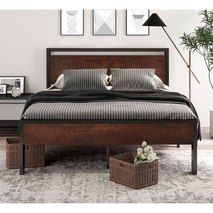 Hivvago King Metal Platform Bed Frame with Mahogany Wood Panel Headboard Footboard