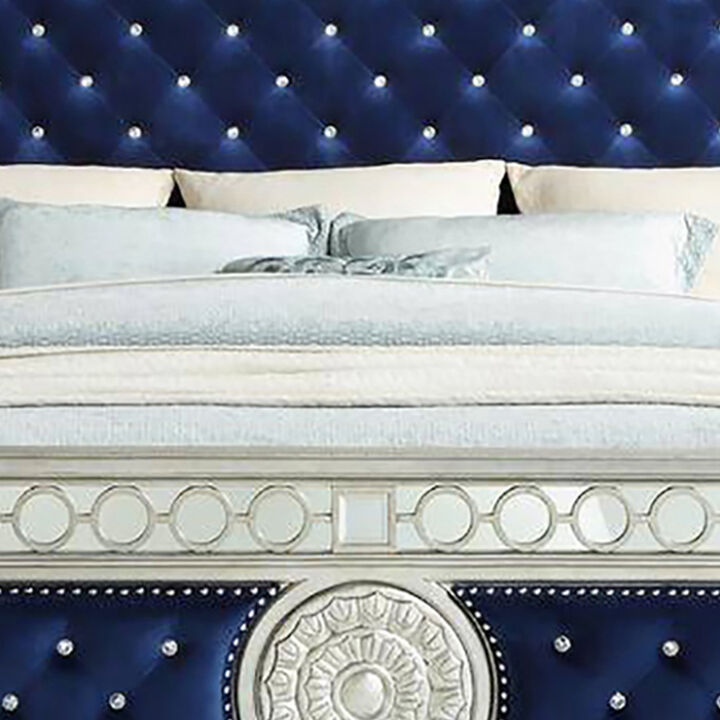 Queen Bed with Button Tufting and Mirror Trim, Black - Benzara