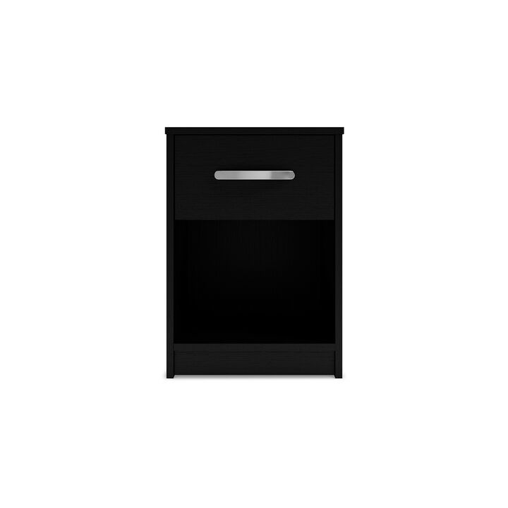 Finny Nightstand, 1 Drawer 1 Shelf, Matte Black, Silver Metal, 22 Inch - Benzara