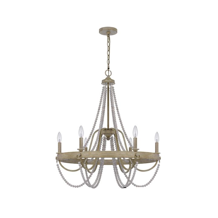 Maci 28 Inch Chandelier, White Beaded Candelabra Design, Brown Wood - Benzara Maci 28 Inch Chandelier, White Beaded Candelabra Design, Brown Wood - Benzara