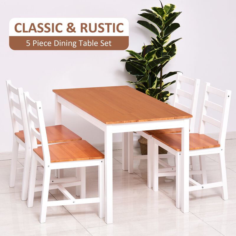 Compact Dining Solution: 5-Piece White/Natural Pine Wood Table and Chairs